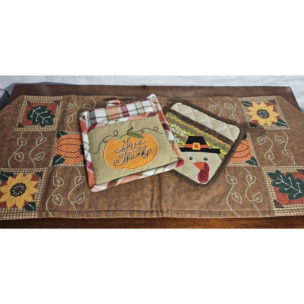 Lot of Autumn Fall Thanksgiving Fabric Table Center and 2 Hot Pads Pot Holders
